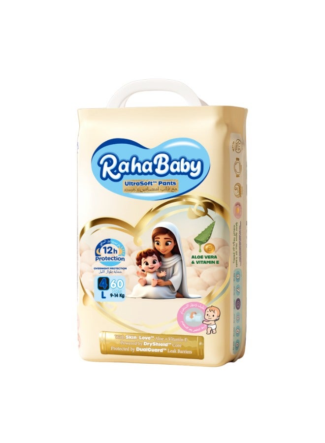 Raha Baby Premium Diaper Pants | Ultra Soft Rash Free Diaper with 12 Hour Leak Protection Aloe Vitamin E for Sensitive Skin Baby Diapers Pants Disposable Diaper Pants for Boys Girls Infant UAE (Size 4